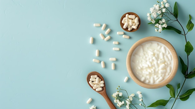 Photo capsules probiotic on a wooden spoon and bowl with homemade yogurt on light blue bac generative ai