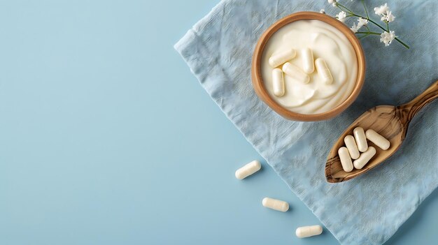 Photo capsules probiotic on a wooden spoon and bowl with homemade yogurt on light blue bac generative ai