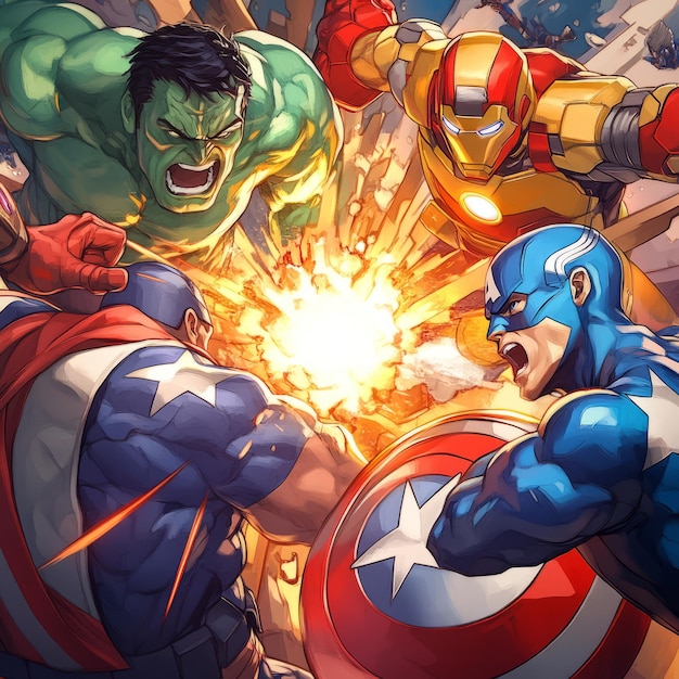 Captain America Iron Man and Hulk battle against a bright light