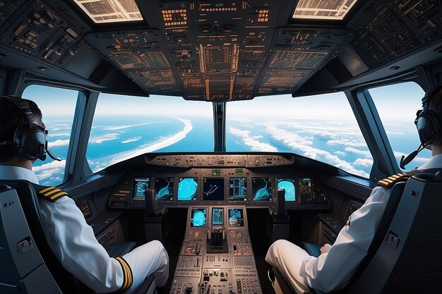 Photo captain pilot inside cockpit of flying passenger plane