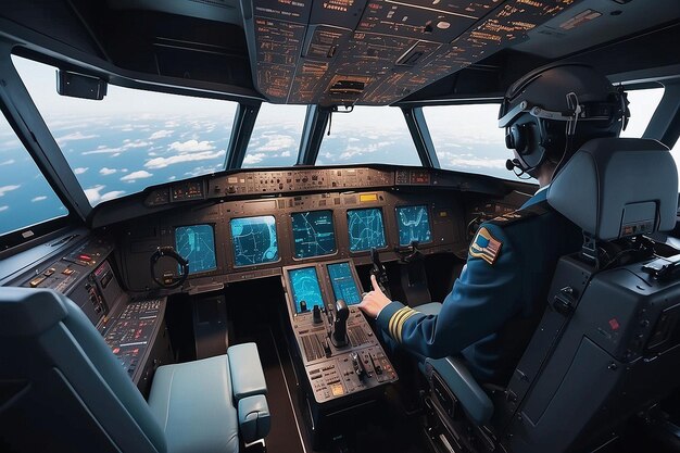 Photo captain pilot inside cockpit of flying passenger plane