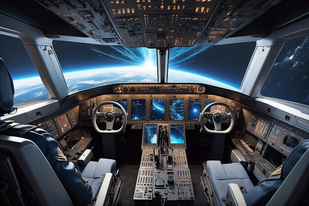 Photo captain pilot inside cockpit of flying passenger plane