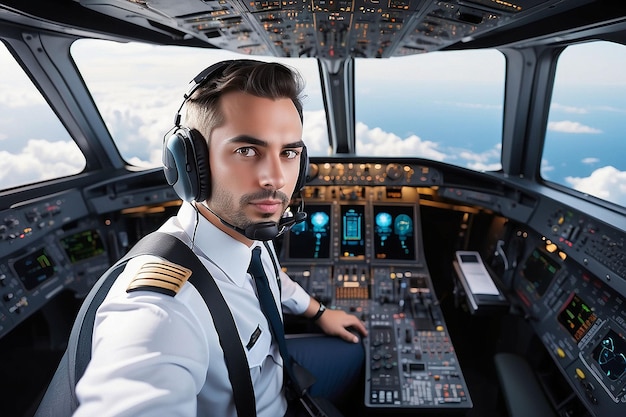 Photo captain pilot inside cockpit of flying passenger plane