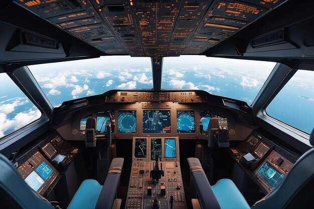 Photo captain pilot inside cockpit of flying passenger plane