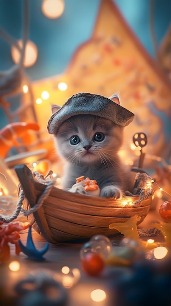 Captain Whiskers Kittens Voyage in a Toy Boat