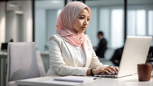 Captivate with Confidence Showcase an Asian businesswoman in hijab at a sleek white desk confident