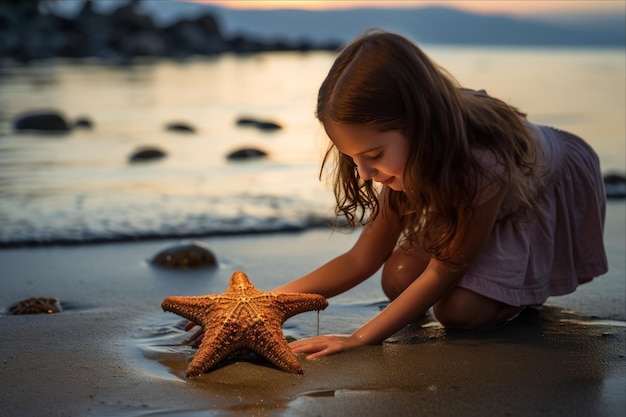 Photo captivated by the mysteries of the shoreline a girl discovers starfish on the beach