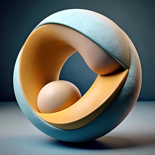 A captivating 3D abstract element featuring a textured light blue sphere encompassing a curved orange form