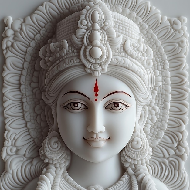 Photo a captivating 3d beautiful face lord durga carved in white marble vibrant and dynamic background