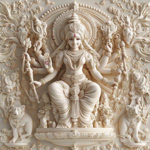 Photo a captivating 3d beautiful face lord durga carved in white marble vibrant and dynamic background