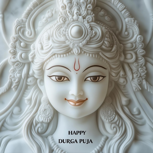 Photo a captivating 3d beautiful face lord durga carved in white marble vibrant and dynamic background