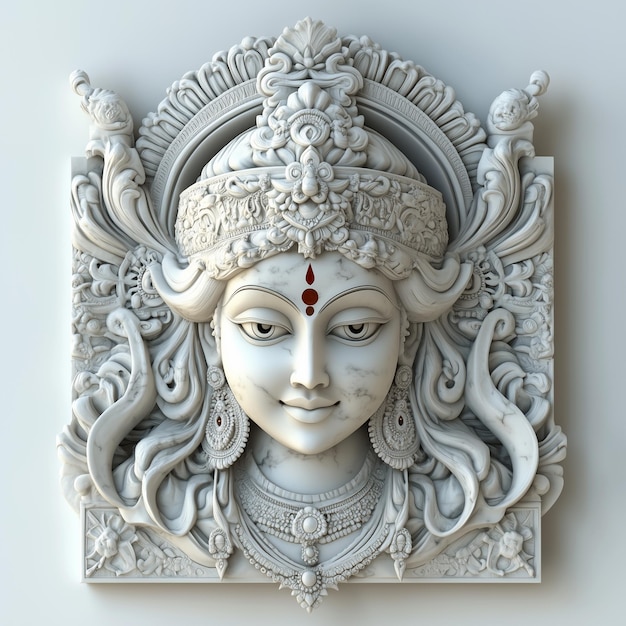 Photo a captivating 3d beautiful face lord durga carved in white marble vibrant and dynamic background