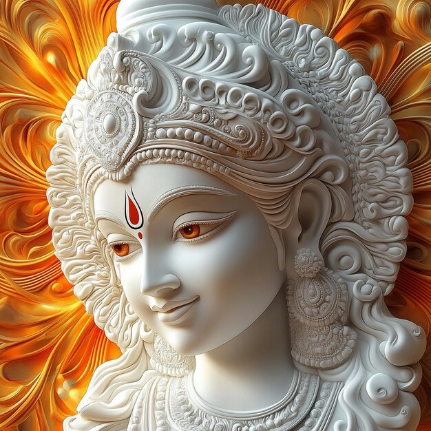 Photo a captivating 3d beautiful face lord durga carved in white marble vibrant and dynamic background