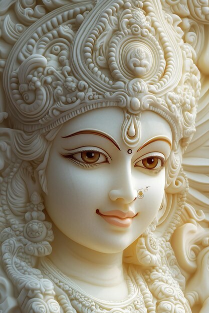 Photo a captivating 3d beautiful face lord durga carved in white marble vibrant and dynamic background