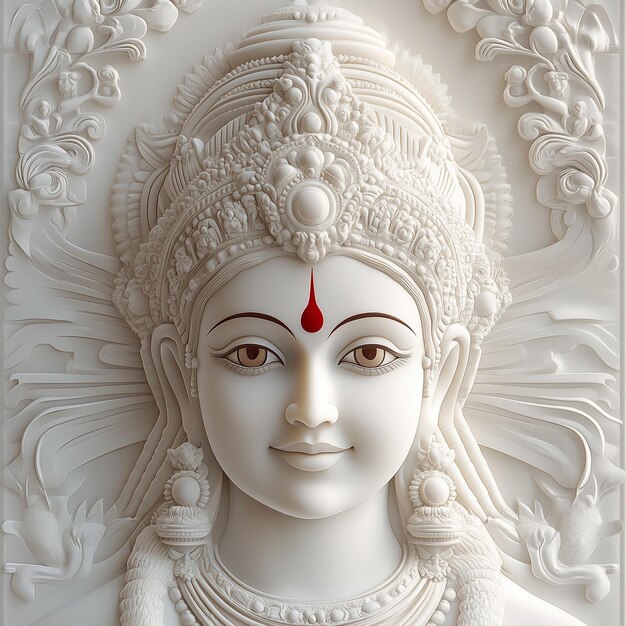 Photo a captivating 3d beautiful face lord durga carved in white marble vibrant and dynamic background