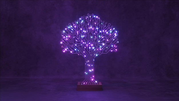 Photo a captivating 3d circuit tree bathed in neon glow stands against a moody blue background symbolizing a fusion of organic form and technology