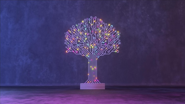 Photo a captivating 3d circuit tree bathed in neon glow stands against a moody blue background symbolizing a fusion of organic form and technology