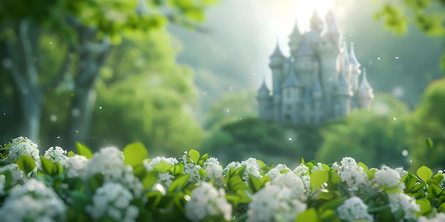 Captivating 3D digital depiction of a fantasy castle surrounded by lush greenery Concept 3D Art Fantasy Castle Digital Depiction Lush Greenery Captivating Visuals