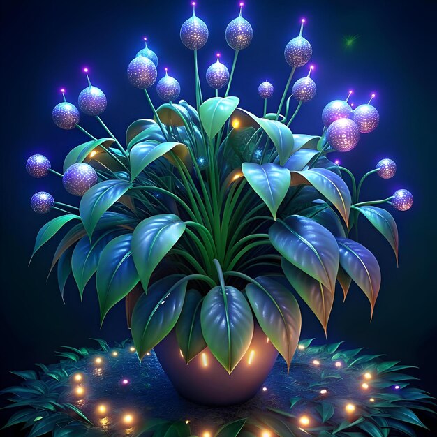 Photo a captivating 3d illustration of a glowing quararibea plant with iridescent leaves and futuristic flowers