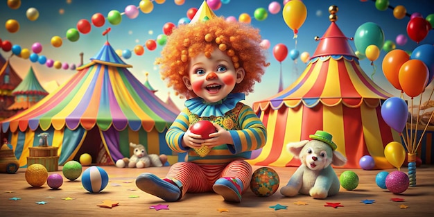 A captivating 3D render of a cute baby dressed as a clown with a fluffy red wig oversized shoes