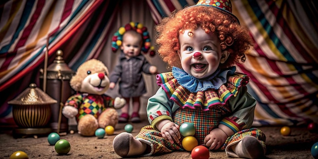 A captivating 3D render of a cute baby dressed as a clown with a fluffy red wig oversized shoes