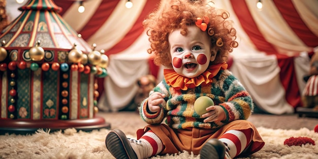 A captivating 3D render of a cute baby dressed as a clown with a fluffy red wig oversized shoes