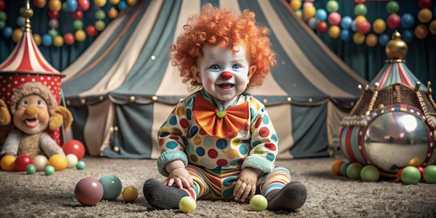 A captivating 3D render of a cute baby dressed as a clown with a fluffy red wig oversized shoes