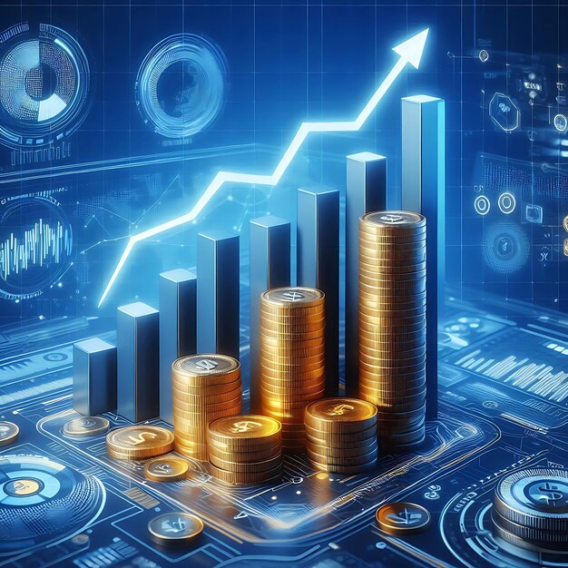 Photo captivating 3d visual of financial growth displaying coin stacks a rising bar graph and an upward