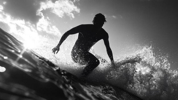 Photo captivating action shot of a professional surfer riding a powerful wave with enthusiasm and skill