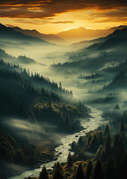 A captivating aerial snapshot of a pine forest blanketed in a veil of fog