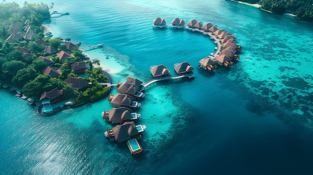 Captivating Aerial View of Arch Shaped Luxury Island Resort with Overwater Villas and Lagoon