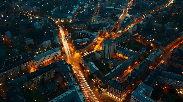 Captivating Aerial View of Illuminated Cityscape at Night with Winding Streets and Glowing