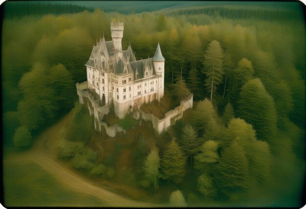 Photo a captivating aerial view of a mysterious gothic castle in a surreal realm