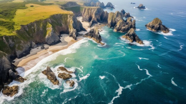 Photo a captivating aerial view of a rugged coastline with crashing waves rugged cliffs and golden beaches perfect for wallpaper designs