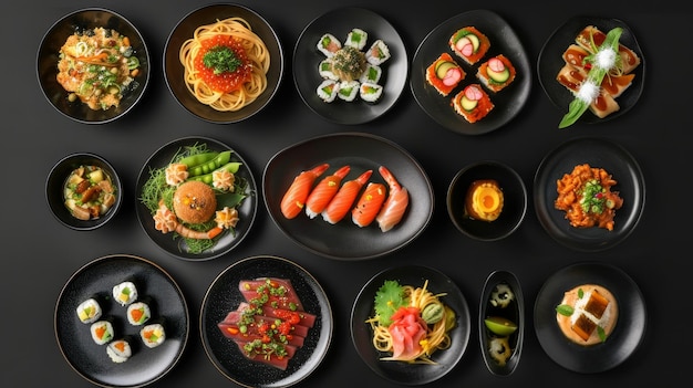 Photo a captivating arrangement of diverse culinary delights showcasing sushi sashimi pasta and o