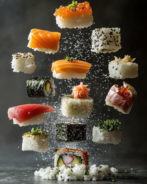 Photo a captivating arrangement of sushi pieces suspended in midair showcasing vibrant colors and textures against a dark background