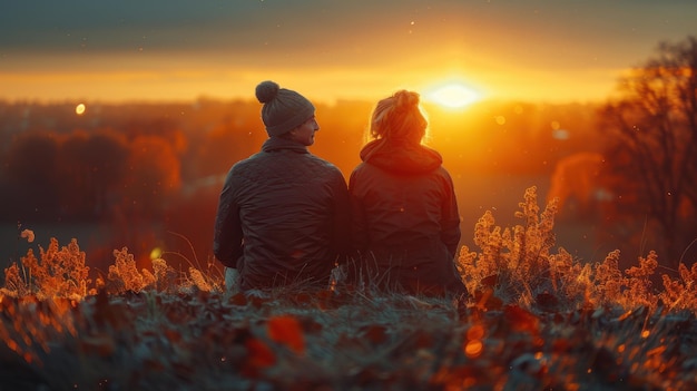 Captivating Autumn Romance Couple Watching Sunset on Hilltop with Canon EOS R5 Golden Hour Photography with 50mm f12 Lens