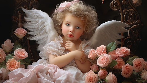 Captivating Baby Angel Sitting at the Base of Pink Roses Rendered in Cartoon Realism