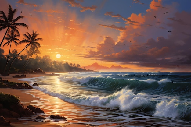 Captivating Beach Sunset Scene Generative Ai