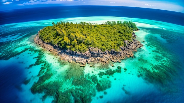 A captivating bird'seye view of a secluded island archipelago showcasing the stunning natural beauty of the tropical landscape