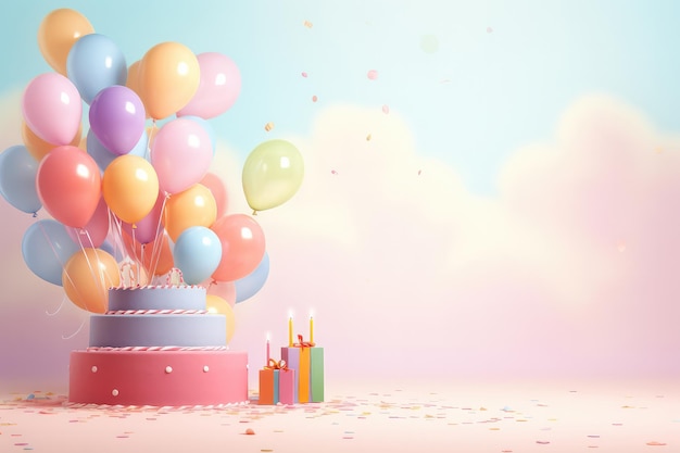 Captivating Birthday Delight Pastel Balloons and Cake in Illustrated Harmony Immerse yourself in a visual symphony of joy with an enchanting birthday background