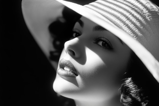 A captivating black and white portrait of a beautiful woman wearing a hat from the 1940s showcasing soft light and elegant features