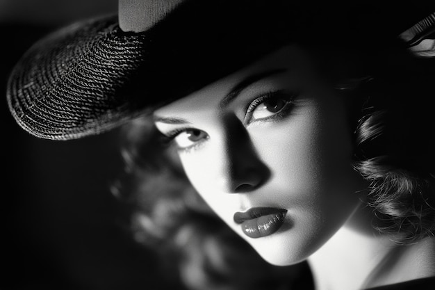 A captivating black and white portrait of a woman in a stylish hat from the 1940s showcasing timeless elegance and grace