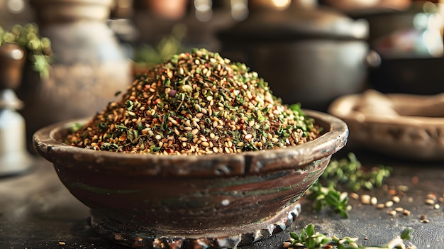 Captivating bowl of za39atar a fragrant fusion highlighting aromatic thyme ai image