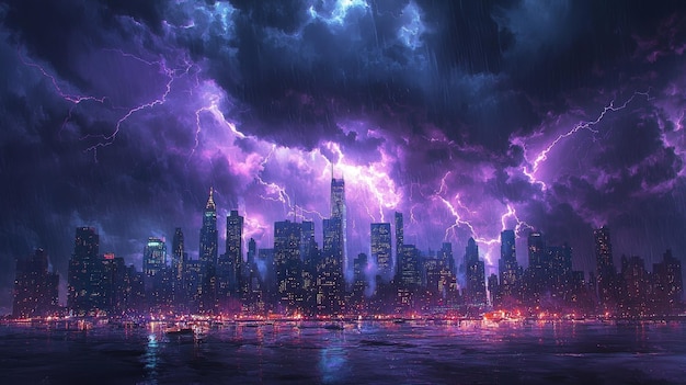 A captivating cityscape with a dramatic lightning storm The towering skyscrapers of a metropolis