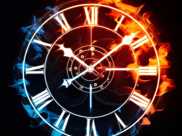 Captivating clock closeup with fiery blue and orange illumination