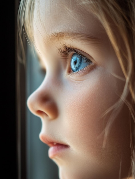 Captivating CloseUp of a Childs Blue Eyes Gazing Out a Window