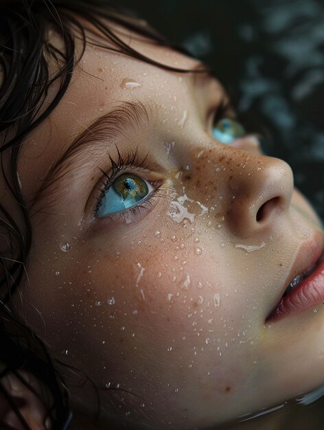 Captivating CloseUp of a Childs Face with Water Droplets and Expressive Eyes