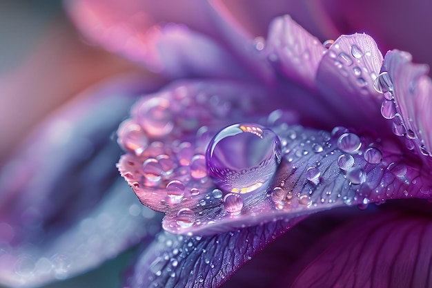 Photo captivating closeup of dew drops on a vibrant purple petal