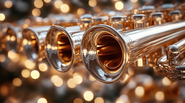 Photo captivating closeup of gleaming trumpets amidst dazzling lights